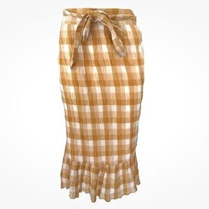 Anthropologie Sz S Orange Plaid Wrap Midi Skirt Ruffle Trim Casual Style